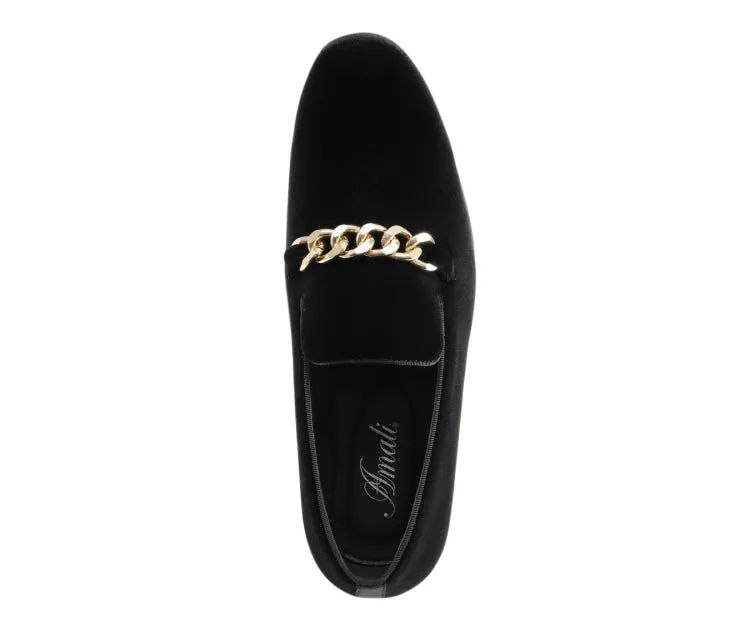Amali Fay Black Men’s Velvet Slippers With Gold Chain