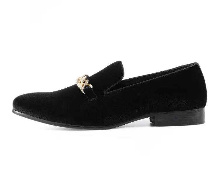Amali Fay Black Men’s Velvet Slippers With Gold Chain