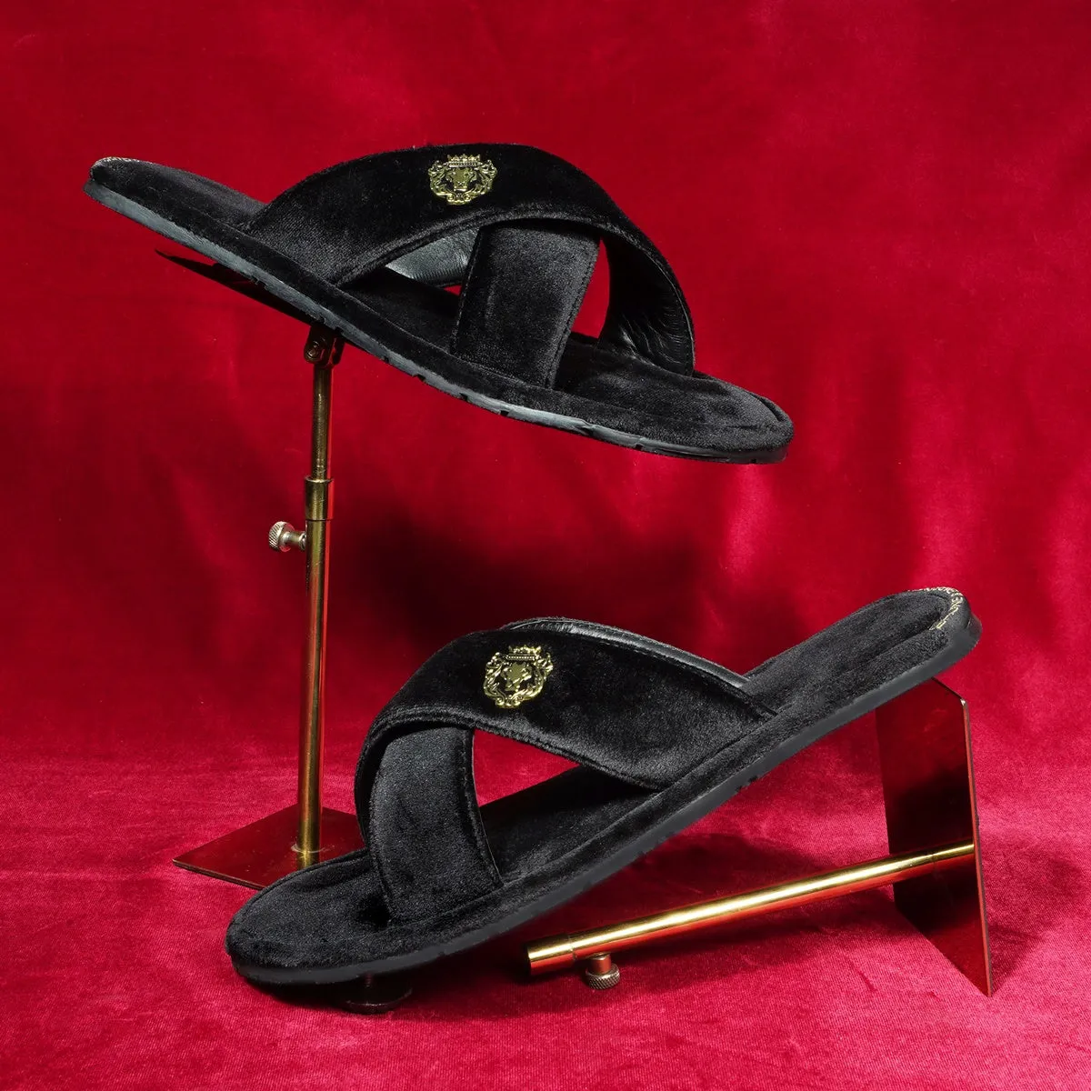 Black Cross Straps Comfy Velvet Slide-in Slippers By Brune & Bareskin
