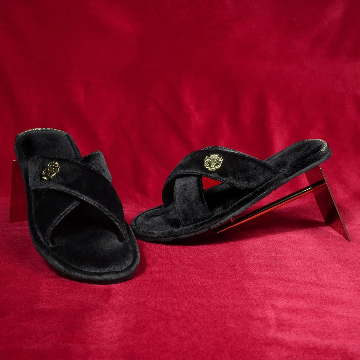 Black Cross Straps Comfy Velvet Slide-in Slippers By Brune & Bareskin