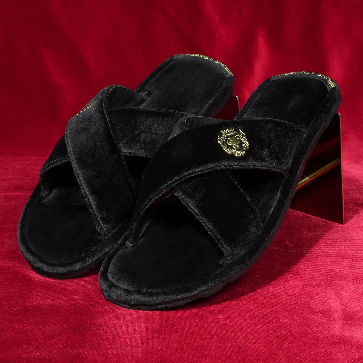 Black Cross Straps Comfy Velvet Slide-in Slippers By Brune & Bareskin