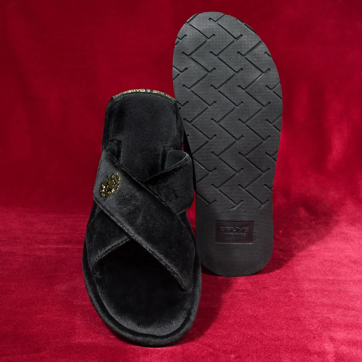 Black Cross Straps Comfy Velvet Slide-in Slippers By Brune & Bareskin