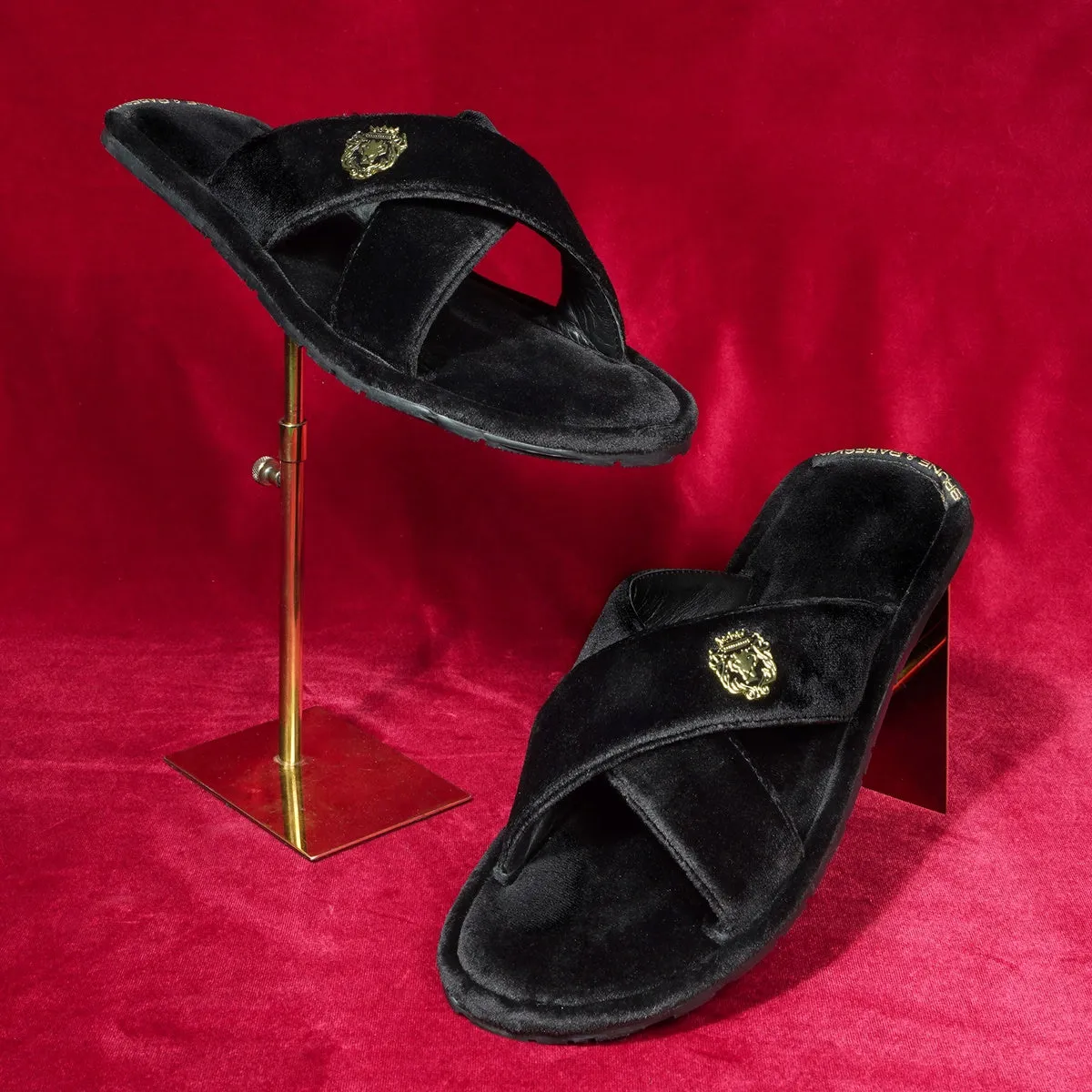 Black Cross Straps Comfy Velvet Slide-in Slippers By Brune & Bareskin