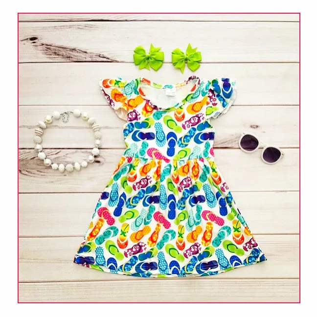 Blue and Green Flip Flop Flutter Sleeve Dress