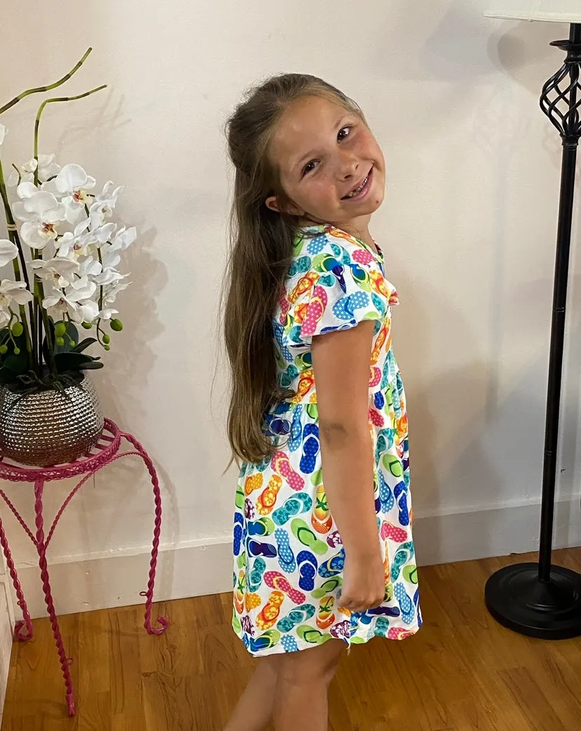 Blue and Green Flip Flop Flutter Sleeve Dress