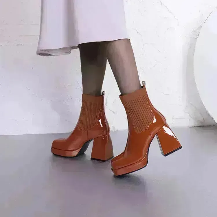 Buy Women Platform Block heel Patent leather boot Woolen winter boot