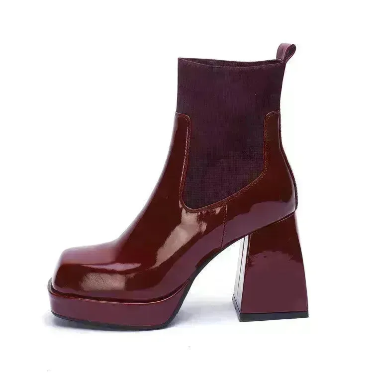 Buy Women Platform Block heel Patent leather boot Woolen winter boot