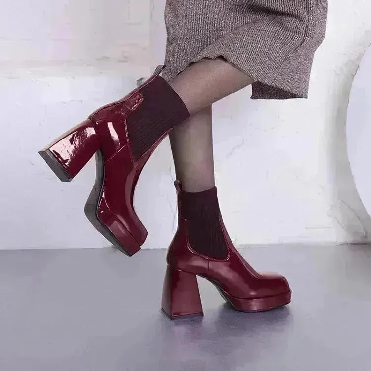 Buy Women Platform Block heel Patent leather boot Woolen winter boot