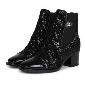 Chanel Cap Toe Ankle Boots Black Sequin Patent EU 35.5