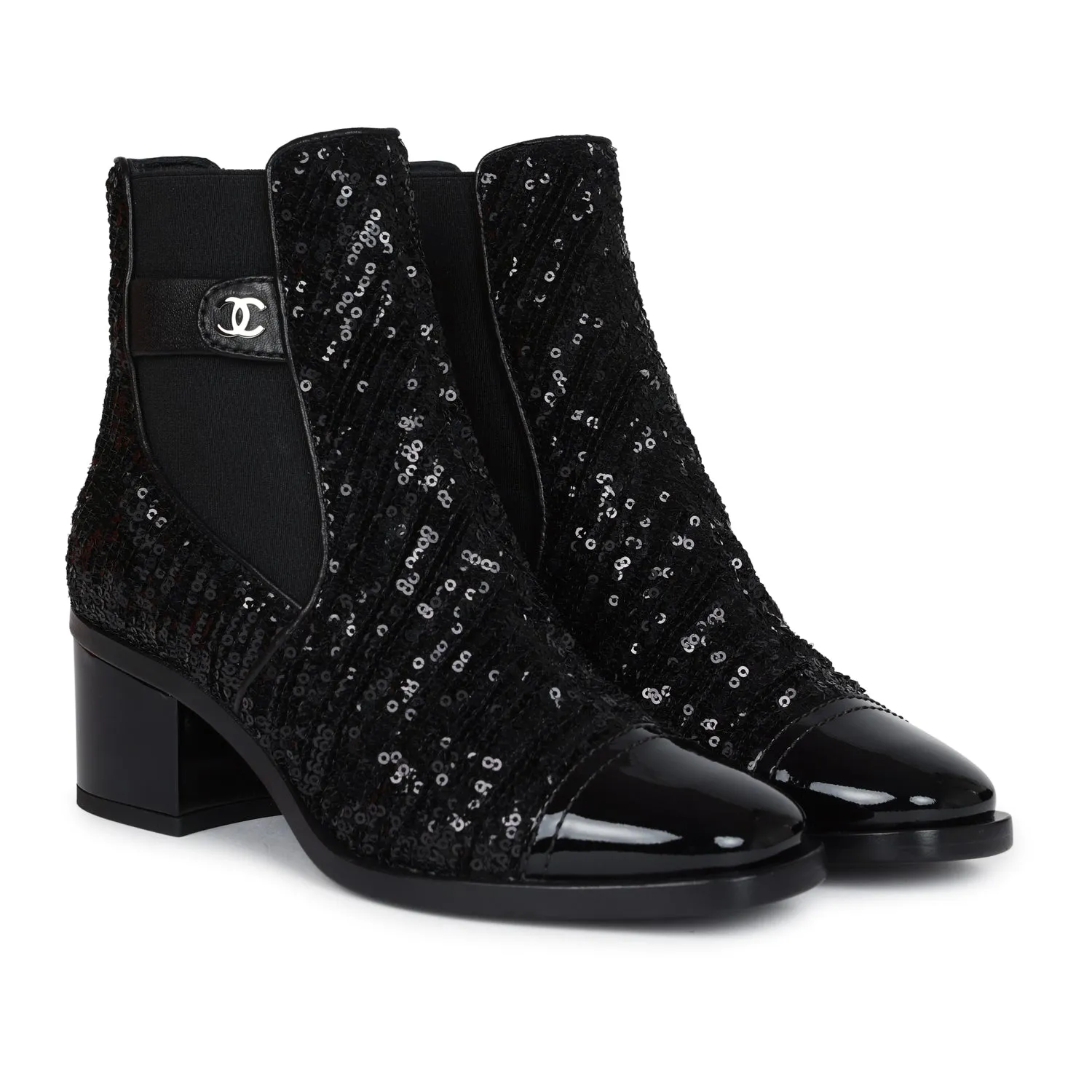 Chanel Cap Toe Ankle Boots Black Sequin Patent EU 35.5