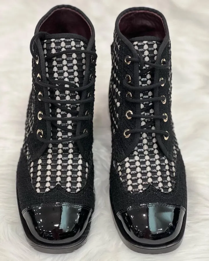 CHANEL TWEED & PATENT LEATHER COMBAT BOOTS