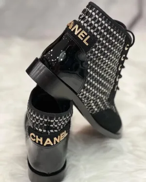 CHANEL TWEED & PATENT LEATHER COMBAT BOOTS