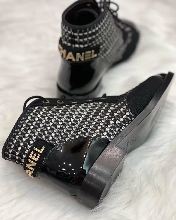 CHANEL TWEED & PATENT LEATHER COMBAT BOOTS