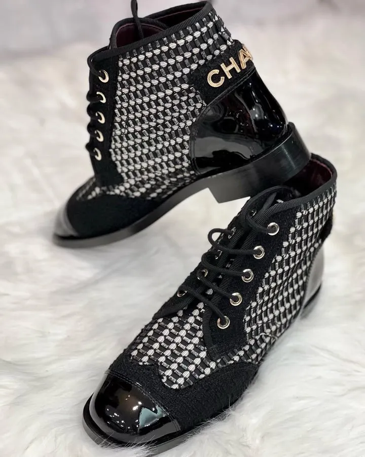 CHANEL TWEED & PATENT LEATHER COMBAT BOOTS