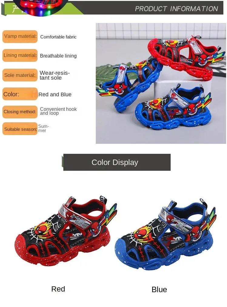Disney LED Sport Sandals Summer Cartoon Spiderman Sandals for Boys Casual Beach Shoe Soft Sole Kids Shoes