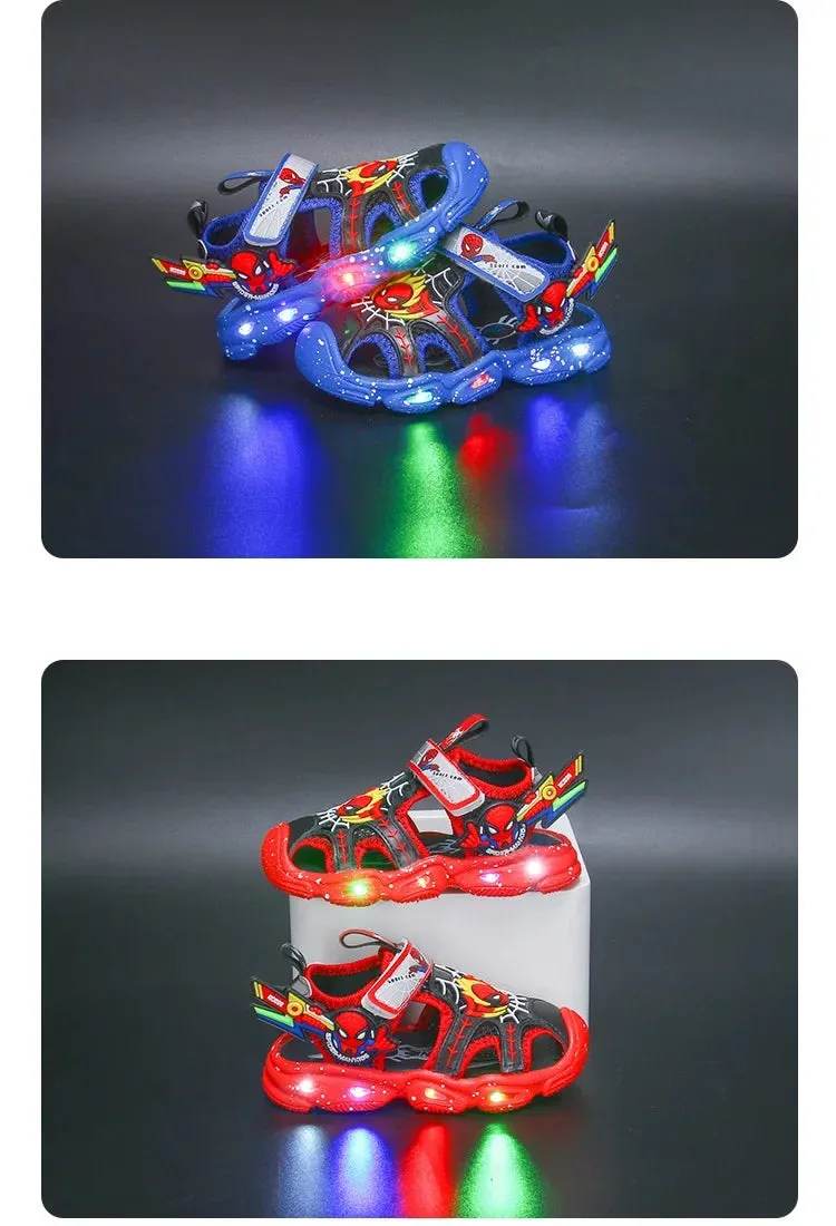 Disney LED Sport Sandals Summer Cartoon Spiderman Sandals for Boys Casual Beach Shoe Soft Sole Kids Shoes