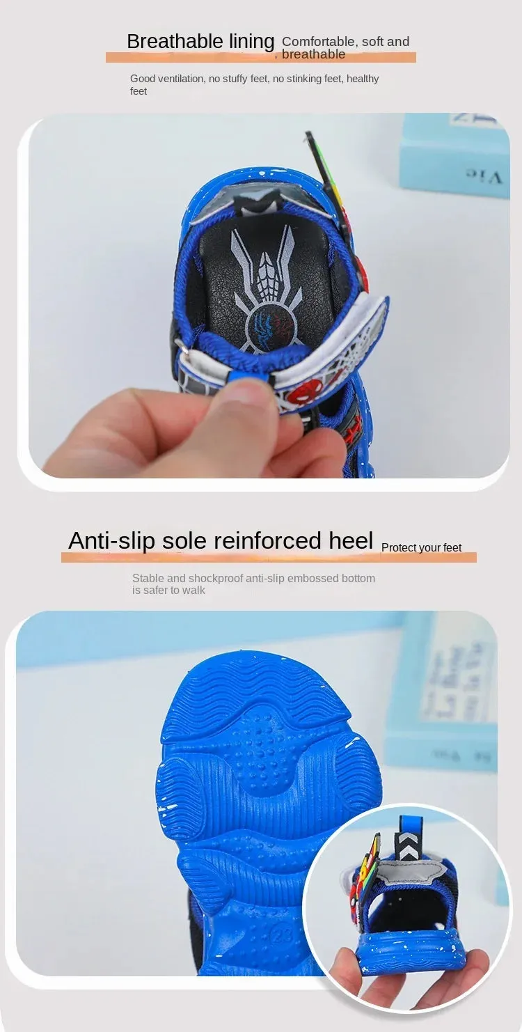Disney LED Sport Sandals Summer Cartoon Spiderman Sandals for Boys Casual Beach Shoe Soft Sole Kids Shoes