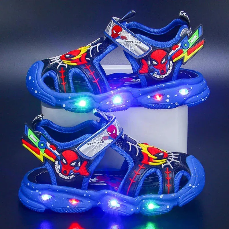 Disney LED Sport Sandals Summer Cartoon Spiderman Sandals for Boys Casual Beach Shoe Soft Sole Kids Shoes