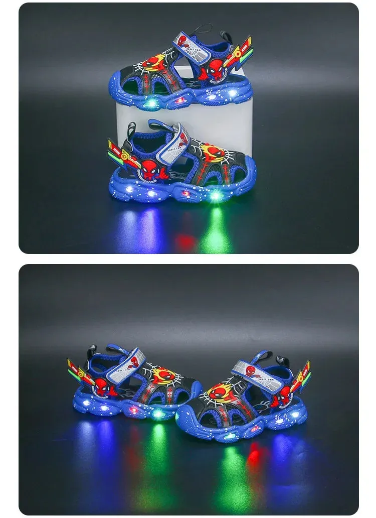 Disney LED Sport Sandals Summer Cartoon Spiderman Sandals for Boys Casual Beach Shoe Soft Sole Kids Shoes