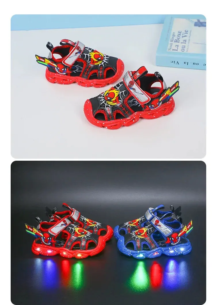 Disney LED Sport Sandals Summer Cartoon Spiderman Sandals for Boys Casual Beach Shoe Soft Sole Kids Shoes