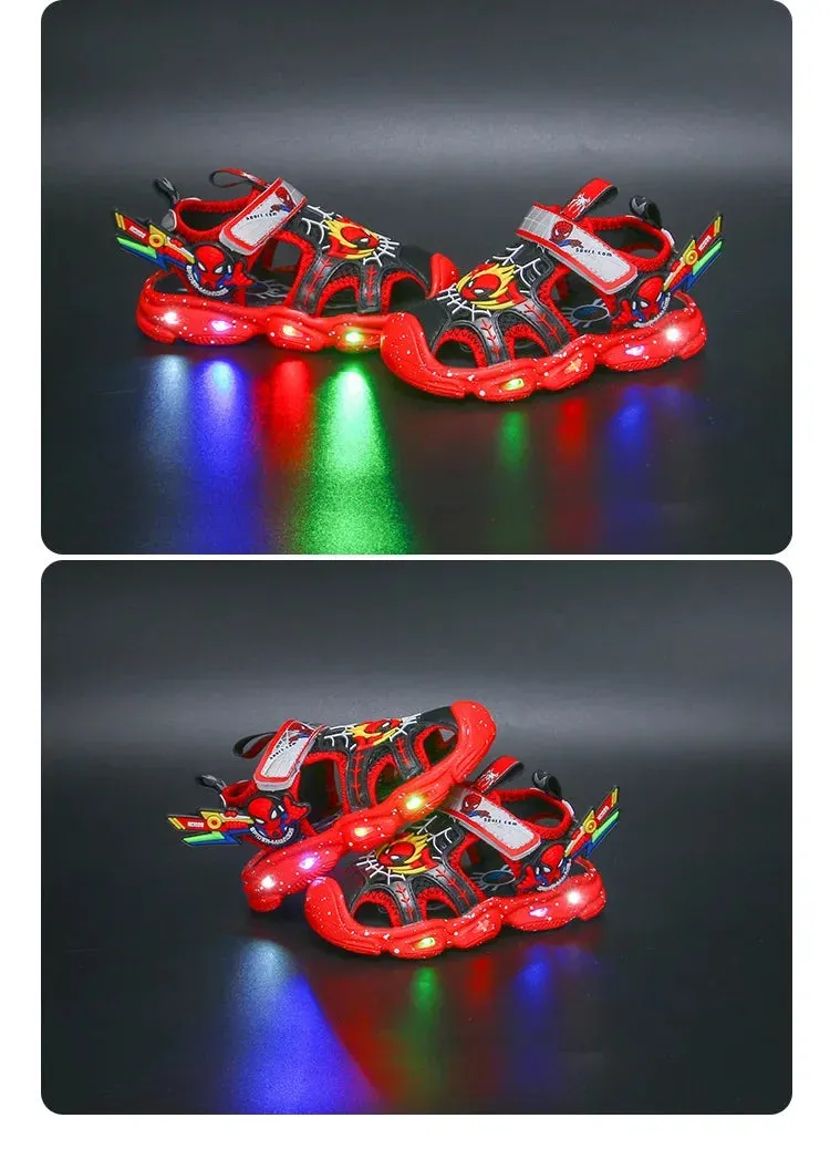 Disney LED Sport Sandals Summer Cartoon Spiderman Sandals for Boys Casual Beach Shoe Soft Sole Kids Shoes