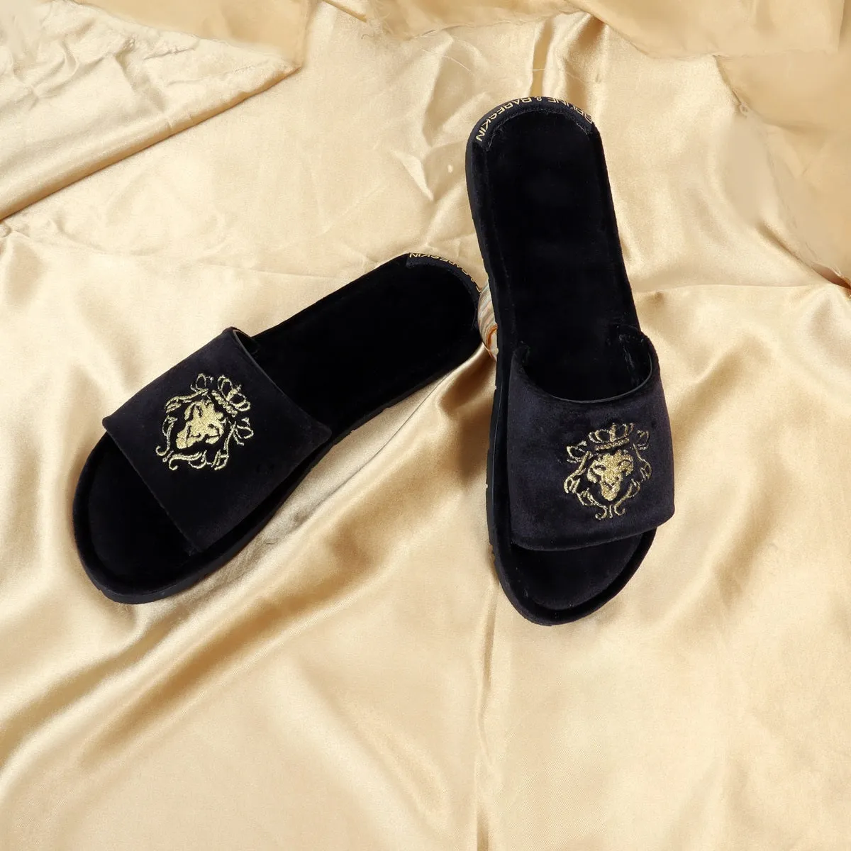 Embroidered Lion Logo Black Two Tone Full Velvet Women Slippers By Brune & Bareskin
