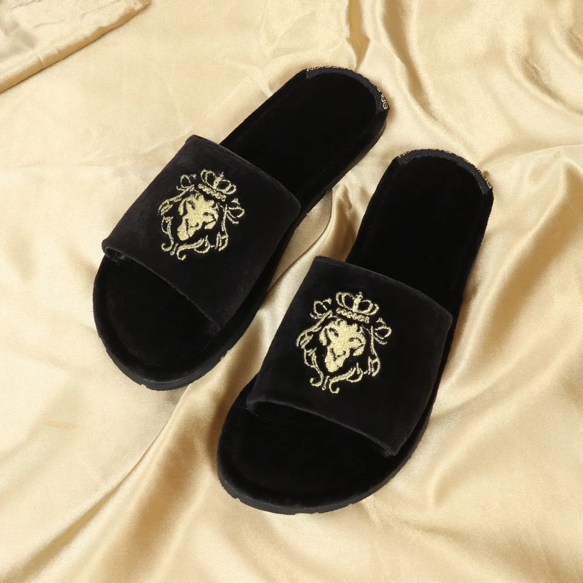 Embroidered Lion Logo Black Two Tone Full Velvet Women Slippers By Brune & Bareskin