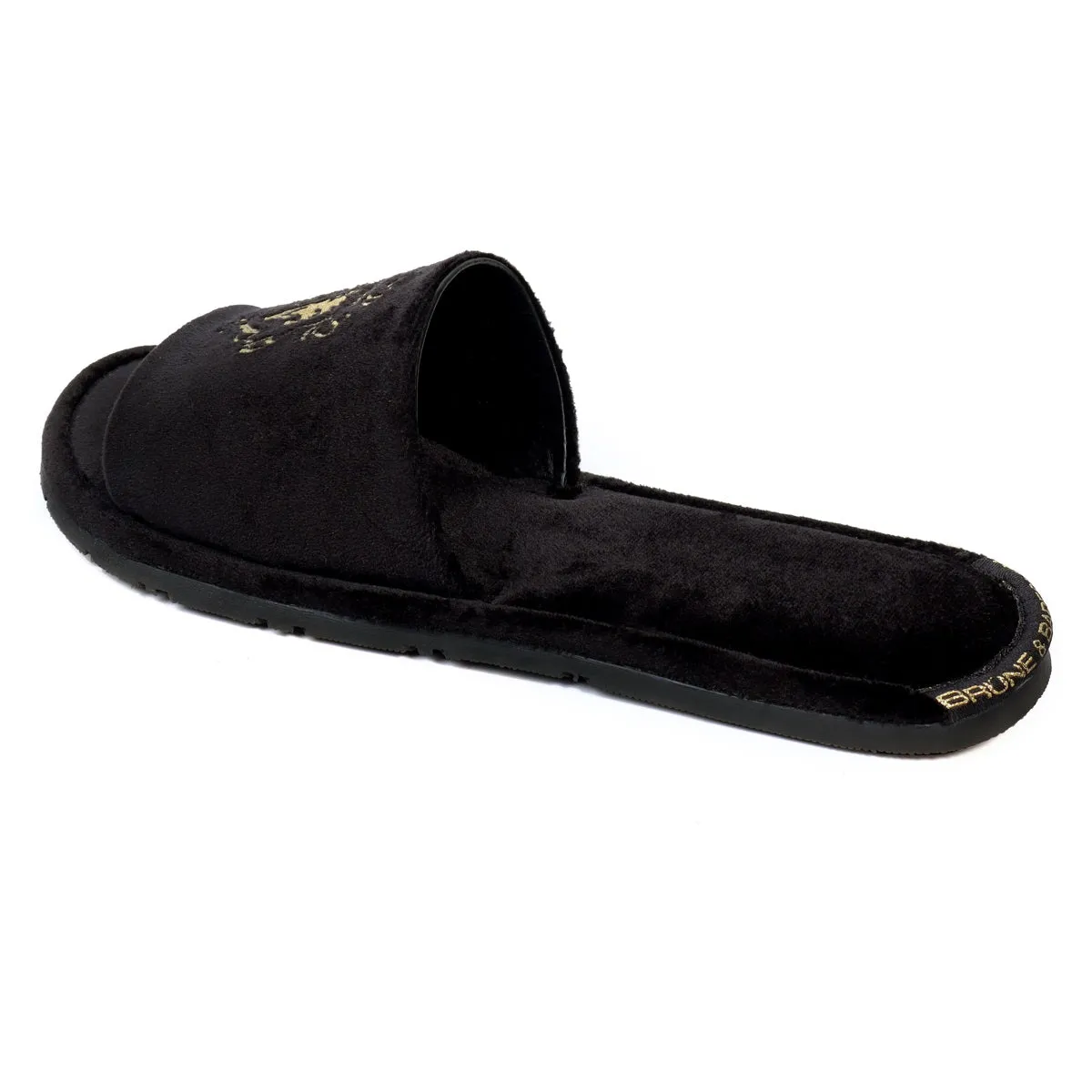 Embroidered Lion Logo Black Two Tone Full Velvet Women Slippers By Brune & Bareskin