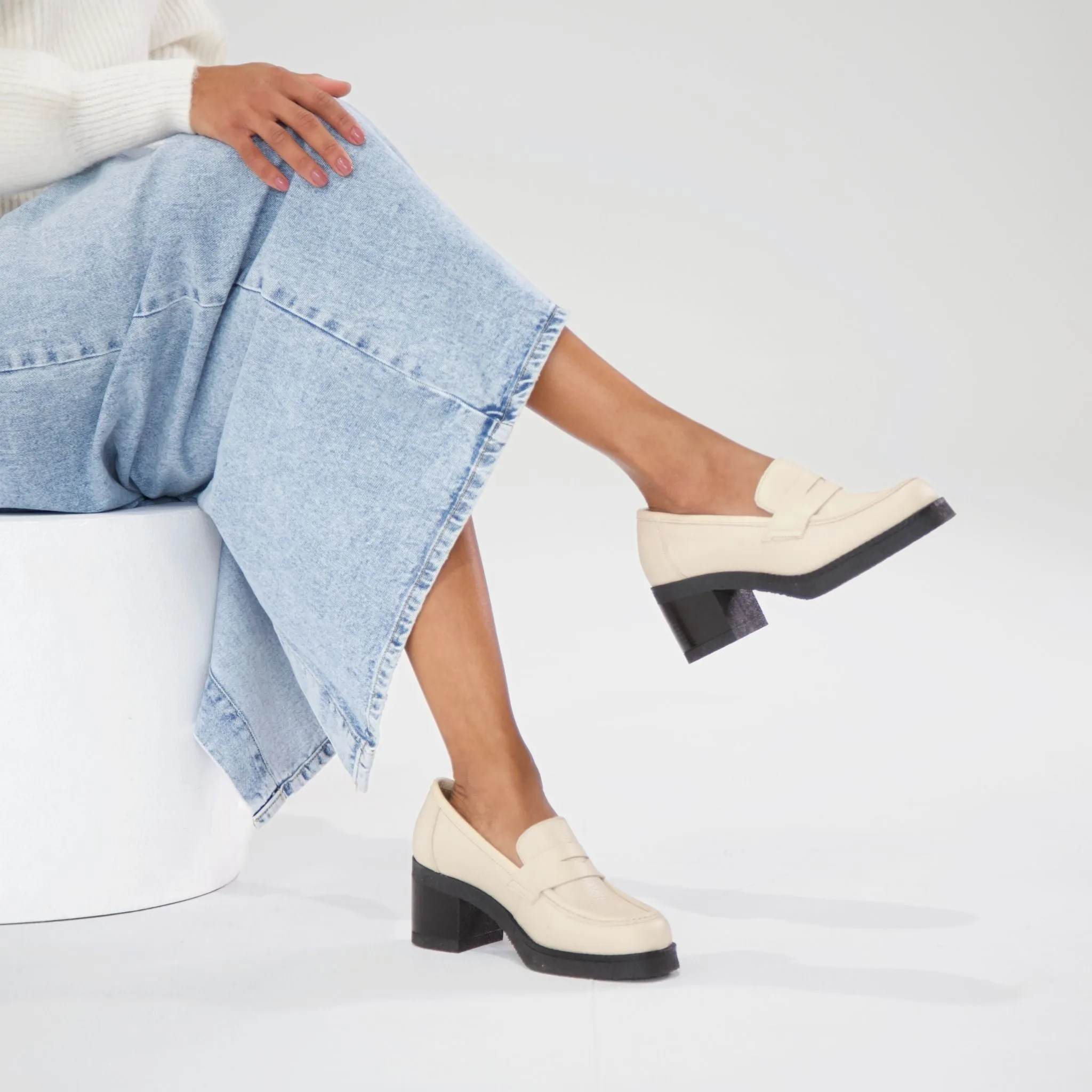 Maira Ivory Leather Heeled Loafers