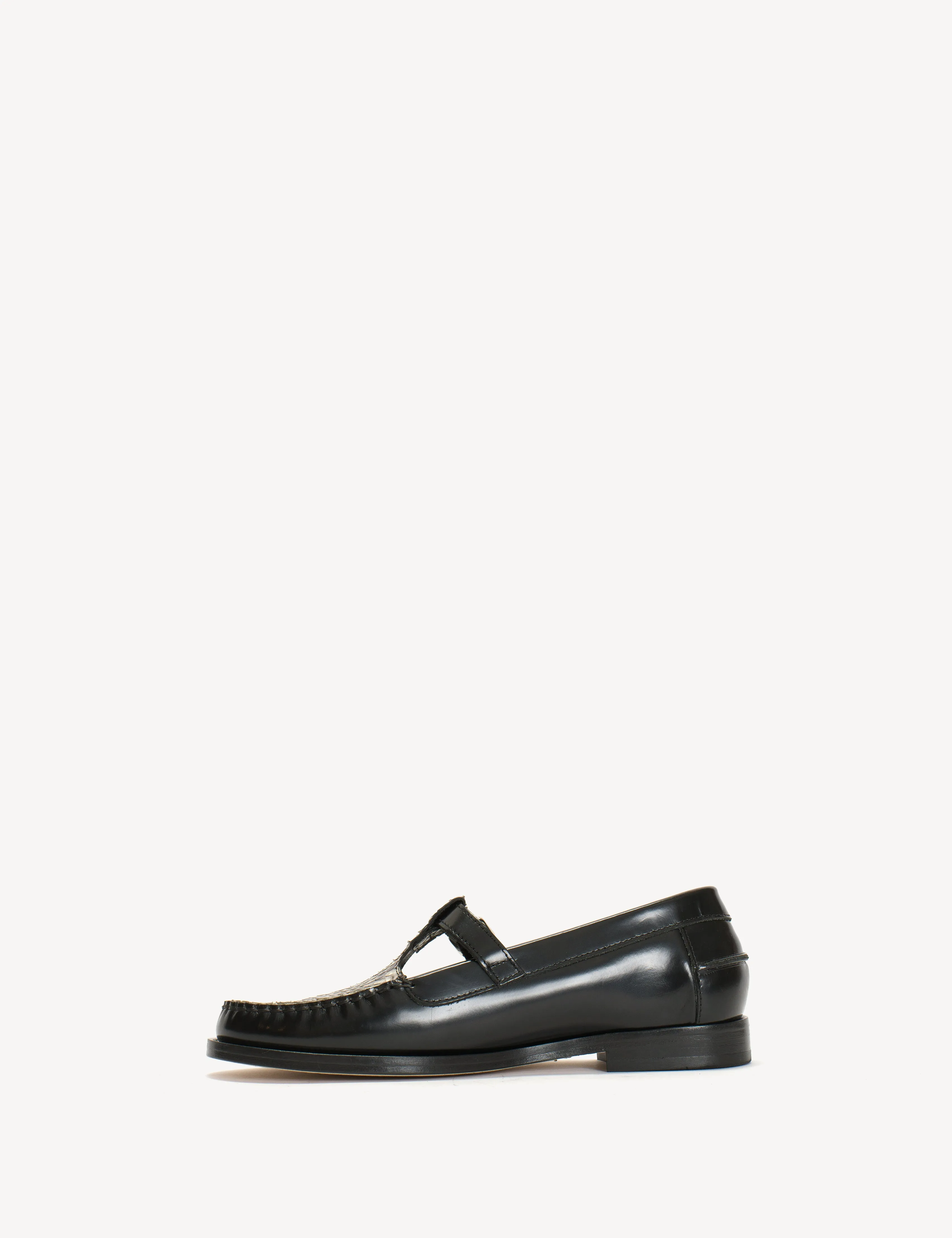 Moccasin T-Bar Loafer In Black Polido Leather And Python Skin