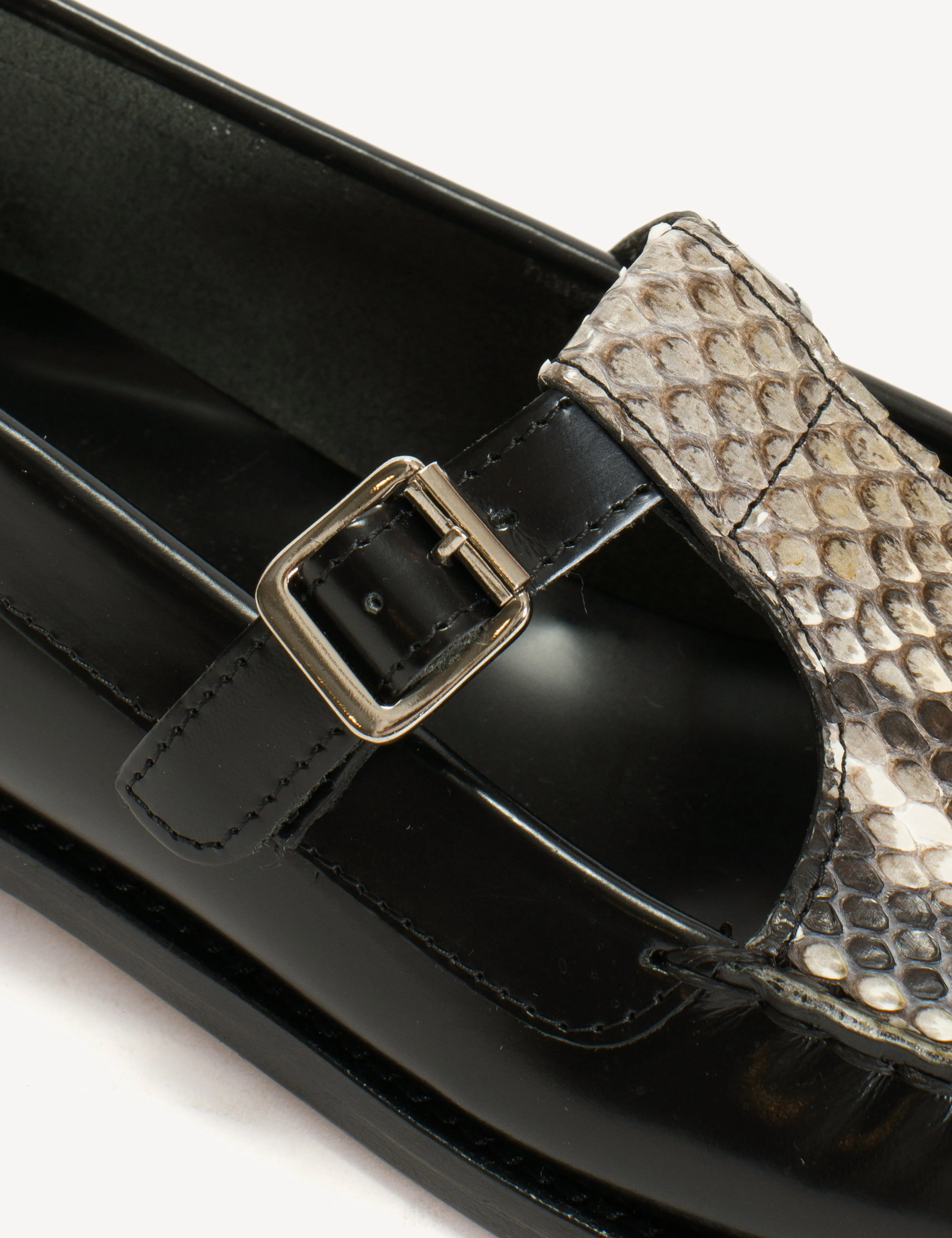 Moccasin T-Bar Loafer In Black Polido Leather And Python Skin