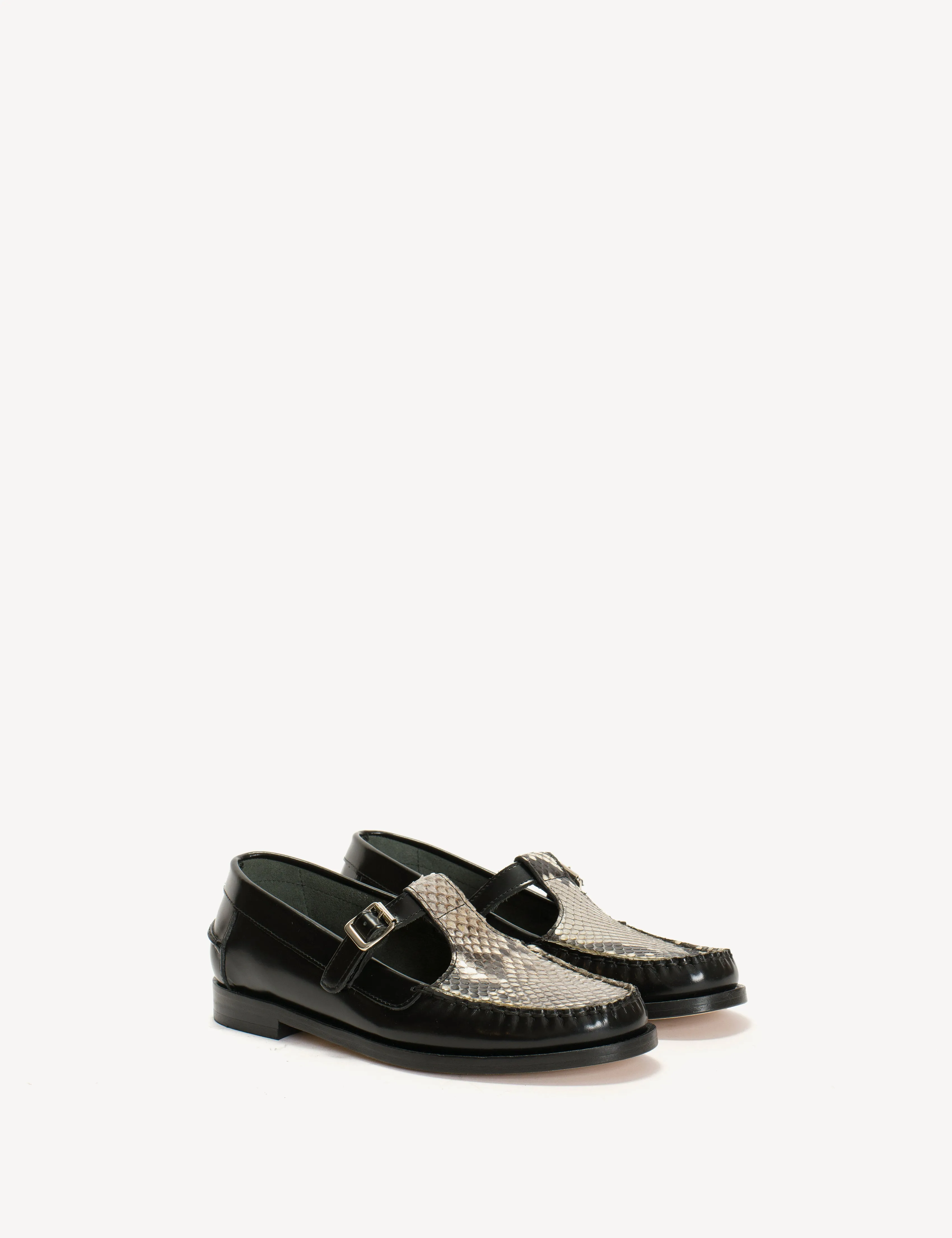 Moccasin T-Bar Loafer In Black Polido Leather And Python Skin