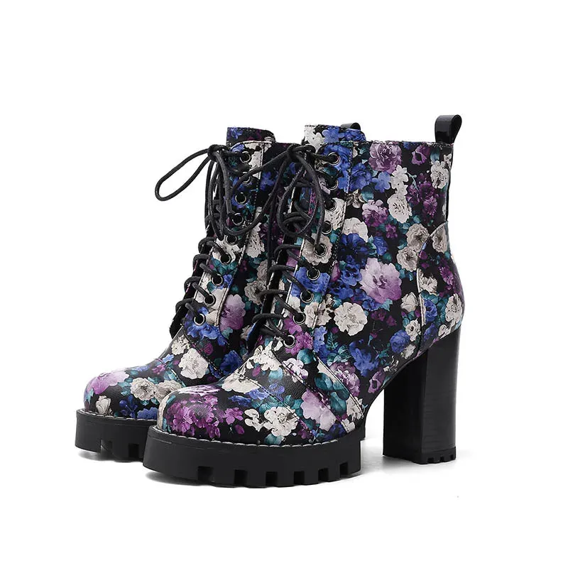 Patent Leather Floral Print Chunky Block Heel Platform Boots