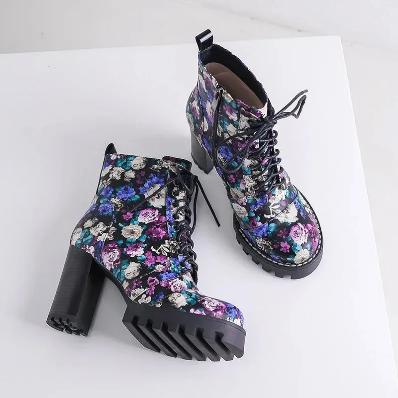 Patent Leather Floral Print Chunky Block Heel Platform Boots