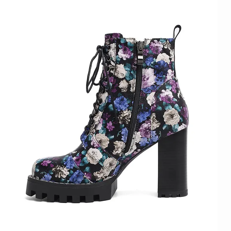 Patent Leather Floral Print Chunky Block Heel Platform Boots