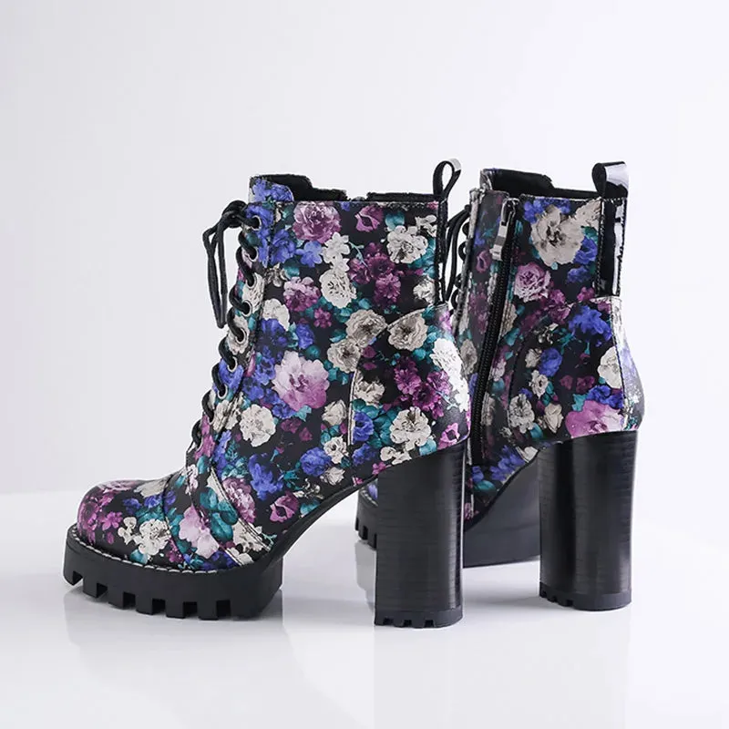 Patent Leather Floral Print Chunky Block Heel Platform Boots