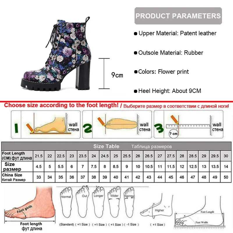 Patent Leather Floral Print Chunky Block Heel Platform Boots