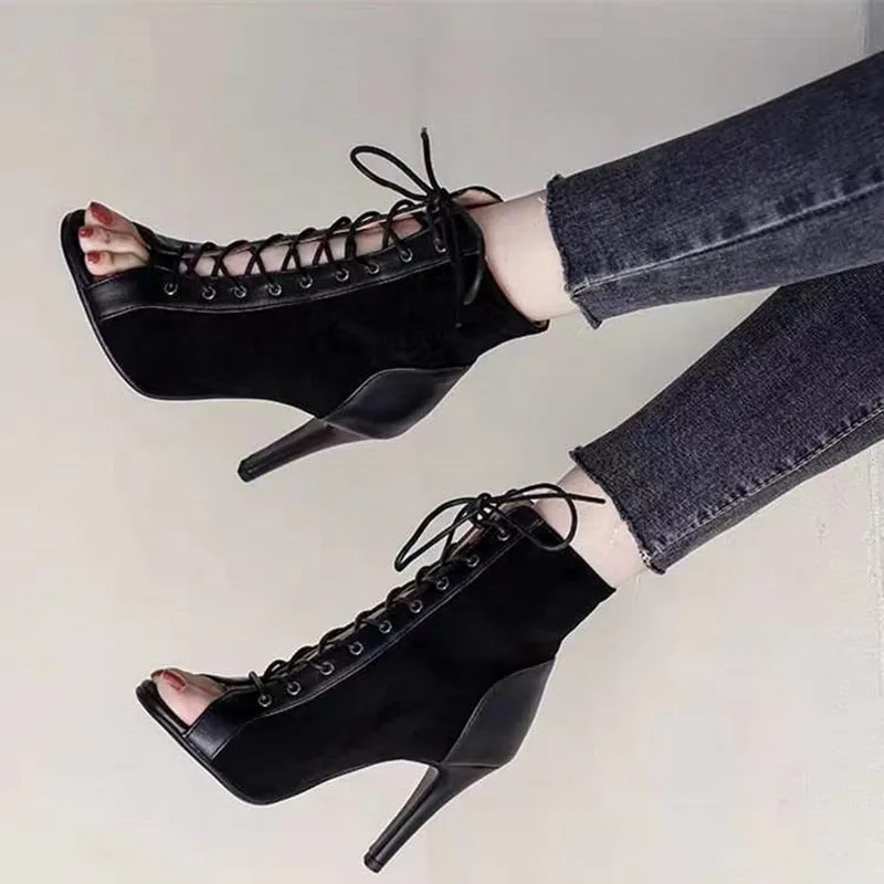 Peep Toe Lace-Up Boots with 9CM Heel
