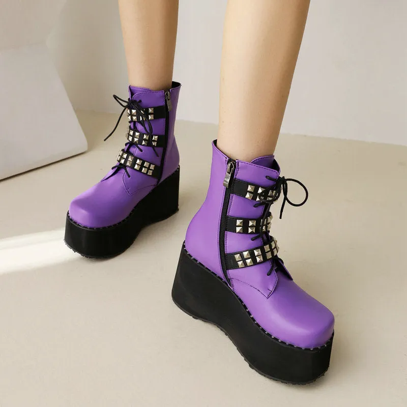 Purple Platform Wedge Boots with Buckle Strap