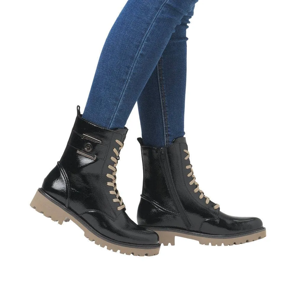 Remonte D8663-00 Ladies Black Patent Leather Zip & Lace Ankle Boots