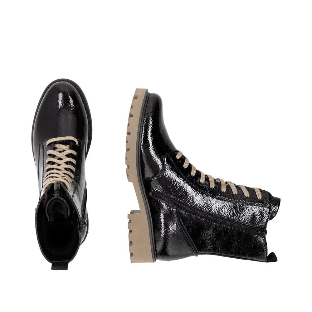 Remonte D8663-00 Ladies Black Patent Leather Zip & Lace Ankle Boots