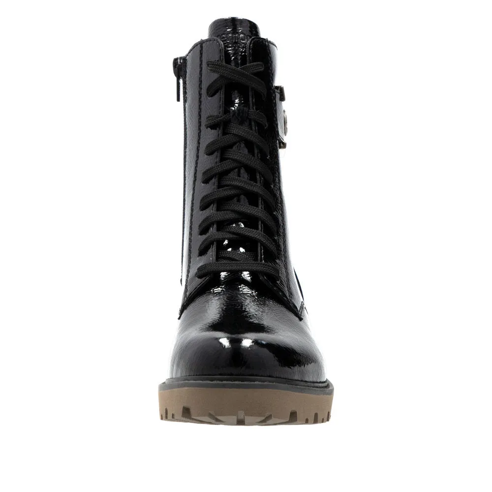 Remonte D8663-00 Ladies Black Patent Leather Zip & Lace Ankle Boots