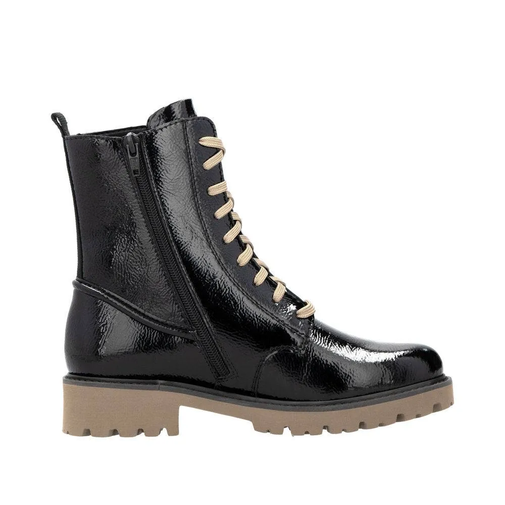 Remonte D8663-00 Ladies Black Patent Leather Zip & Lace Ankle Boots