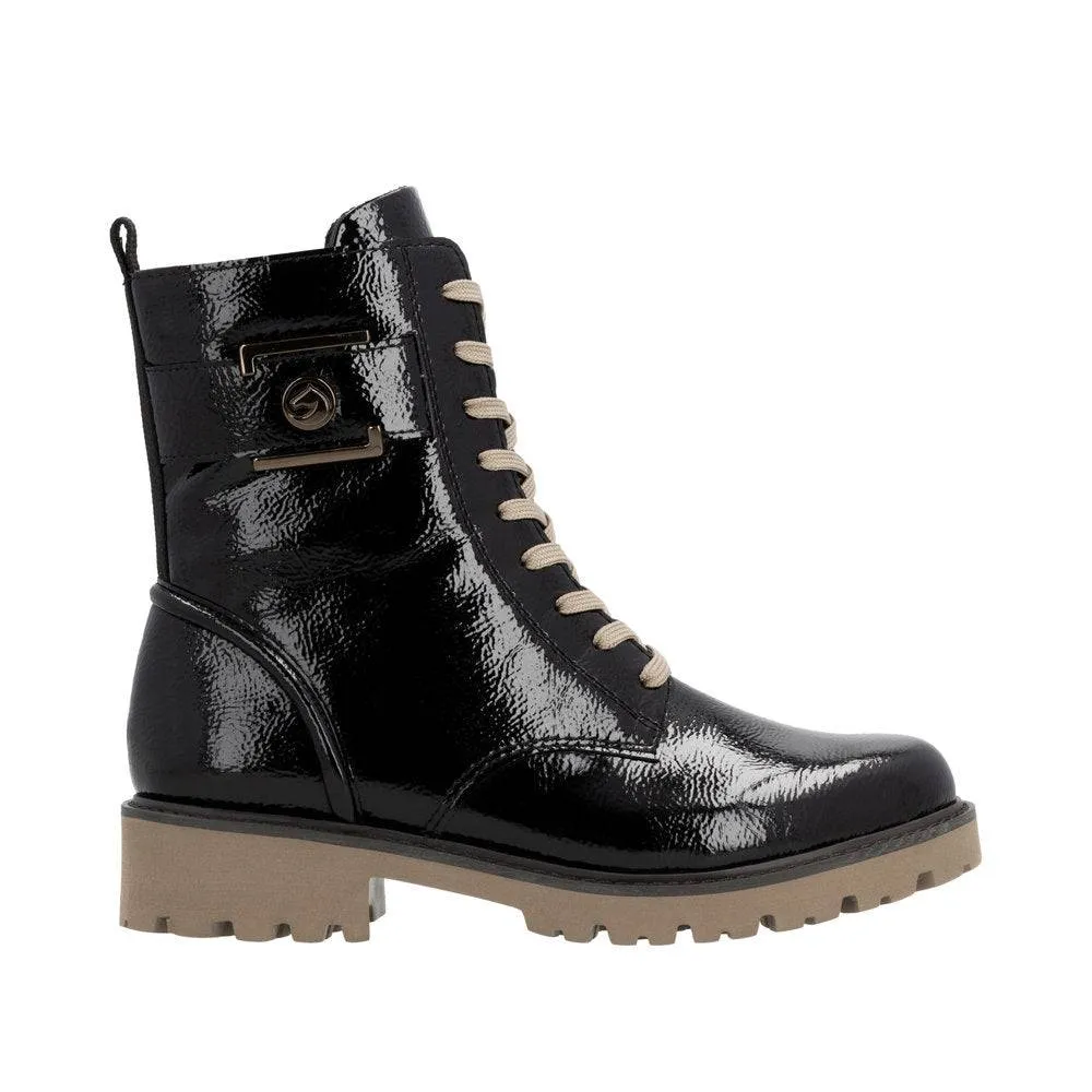 Remonte D8663-00 Ladies Black Patent Leather Zip & Lace Ankle Boots