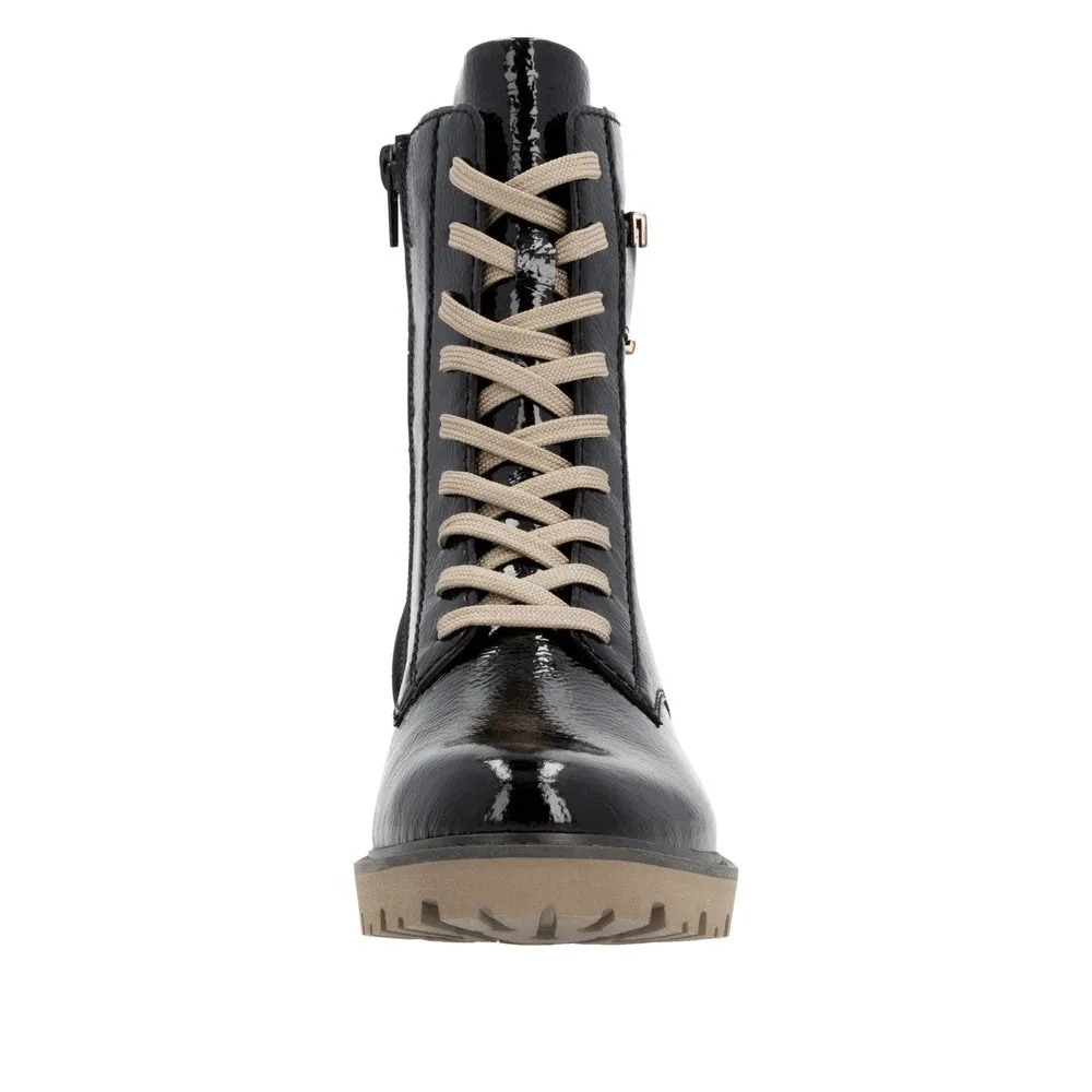 Remonte D8663-00 Ladies Black Patent Leather Zip & Lace Ankle Boots