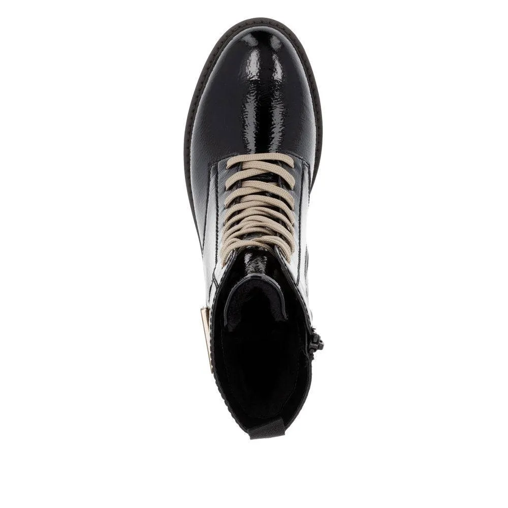 Remonte D8663-00 Ladies Black Patent Leather Zip & Lace Ankle Boots