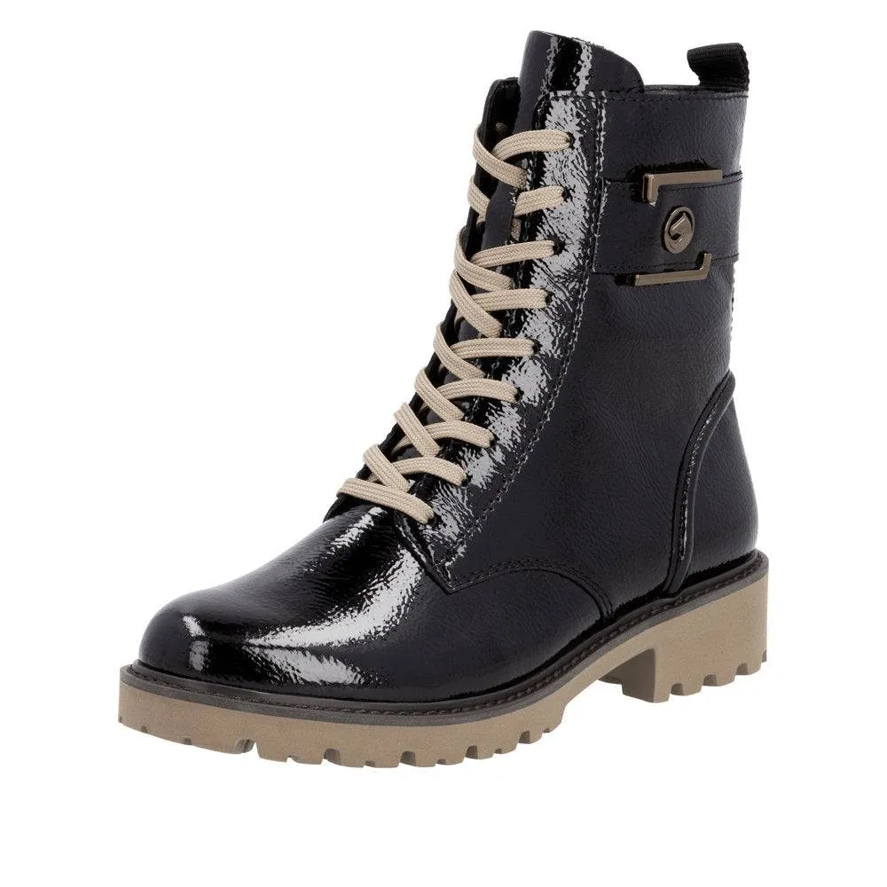 Remonte D8663-00 Ladies Black Patent Leather Zip & Lace Ankle Boots