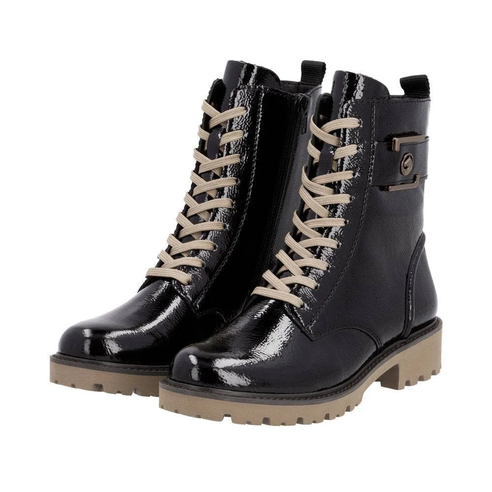 Remonte D8663-00 Ladies Black Patent Leather Zip & Lace Ankle Boots