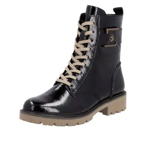 Remonte D8663-00 Ladies Black Patent Leather Zip & Lace Ankle Boots