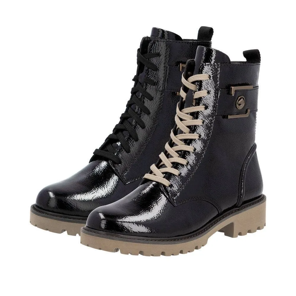 Remonte D8663-00 Ladies Black Patent Leather Zip & Lace Ankle Boots